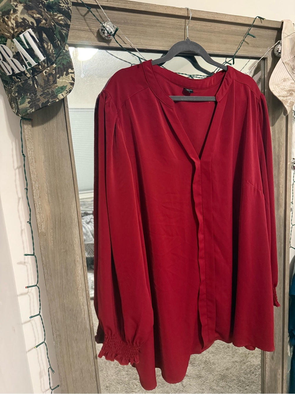 Red V-Neck Long Sleeve Blouse with Smocked Cuffs - Unbranded